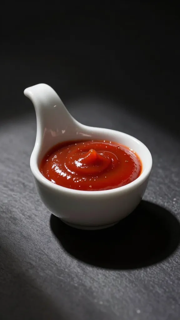 porcelain dipping cup of baharat ketchup, dramatic shadows