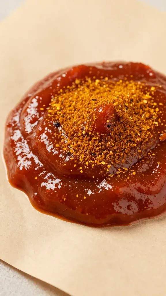 dollop of baharat ketchup on parchment, texture detail