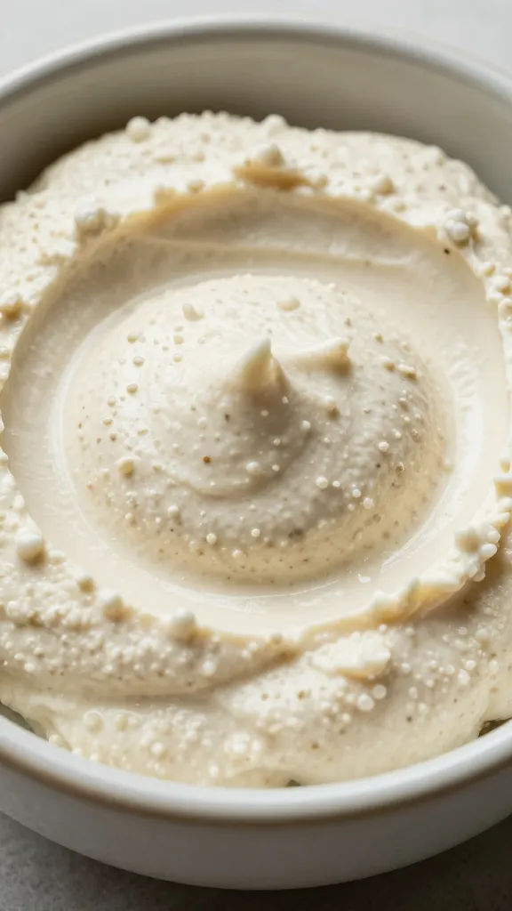 ceramic bowl of fluffy toum, extreme closeup