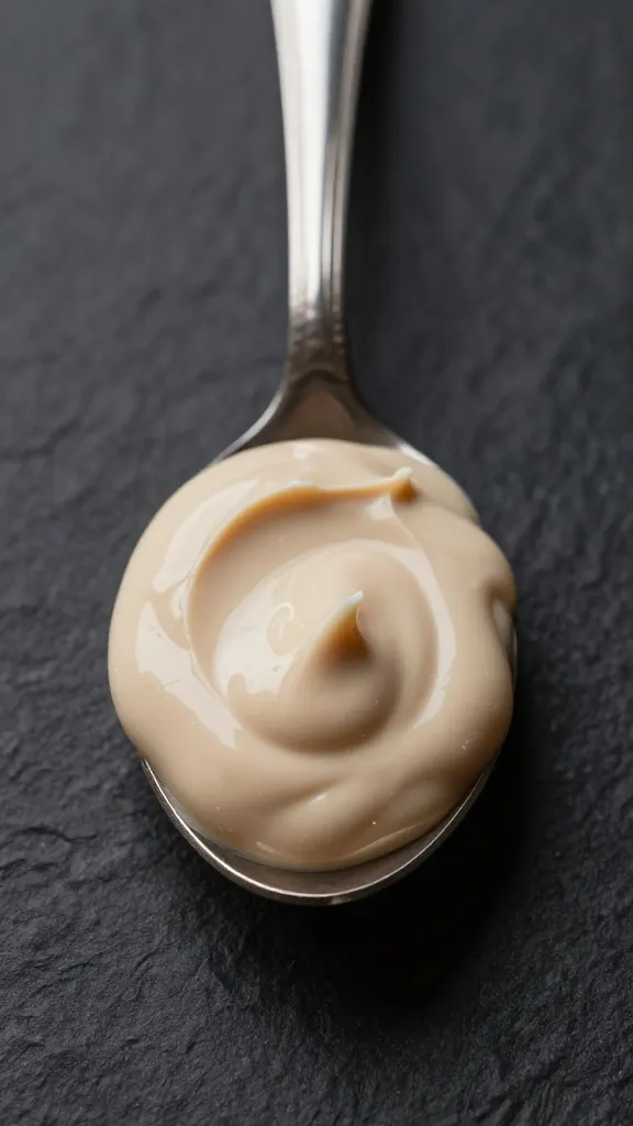 spoonful of silky toum against matte black background