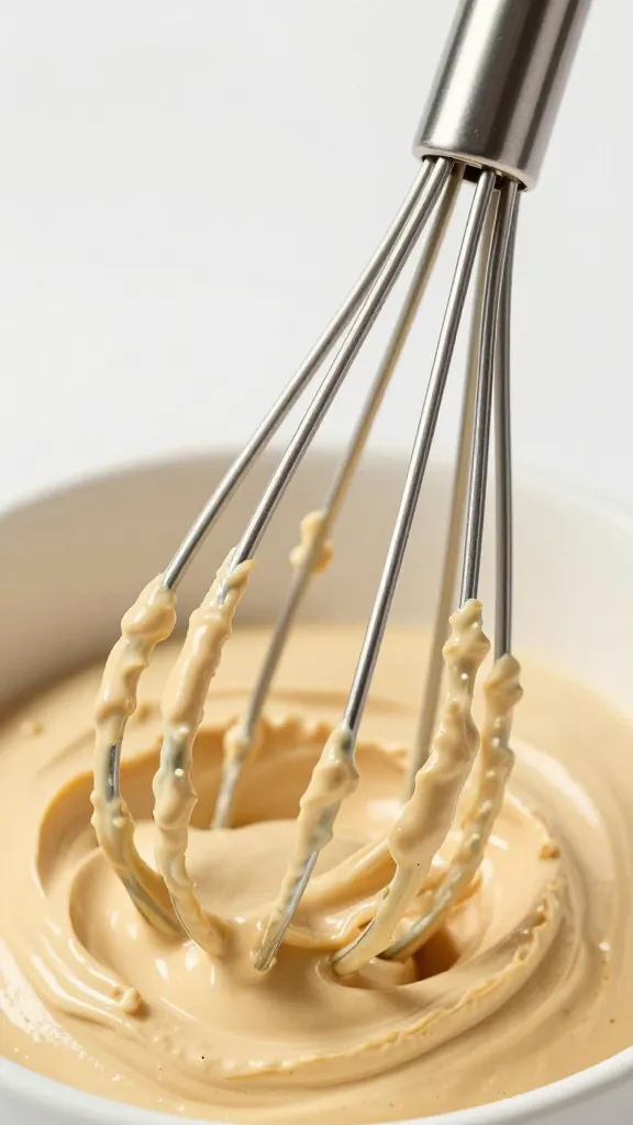 steel whisk coated in toum, macro shot