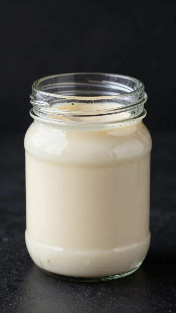 glass jar of freshly emulsified toum, lid off