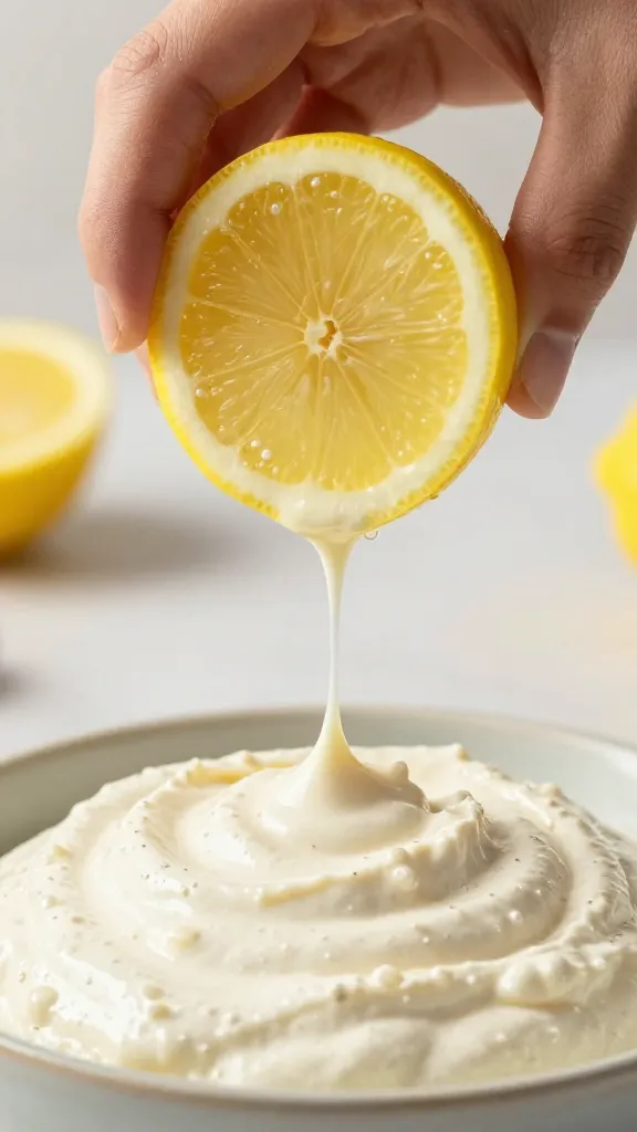 lemon wedge squeezed over toum dollop, drip captured