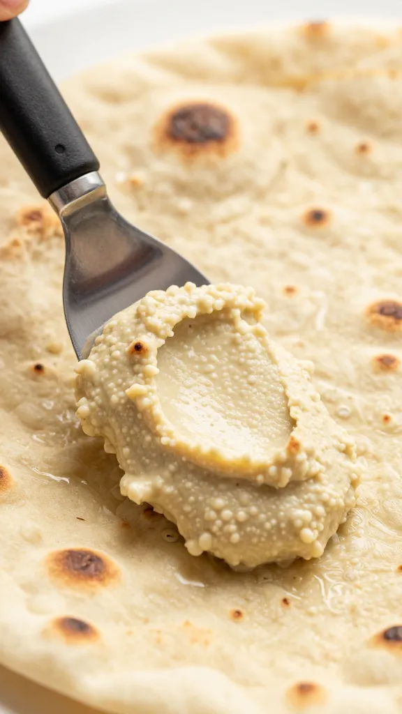 offset spatula spreading toum on flatbread, macro angle