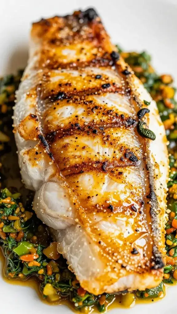 closeup of grilled cod fillet with chermoula glaze