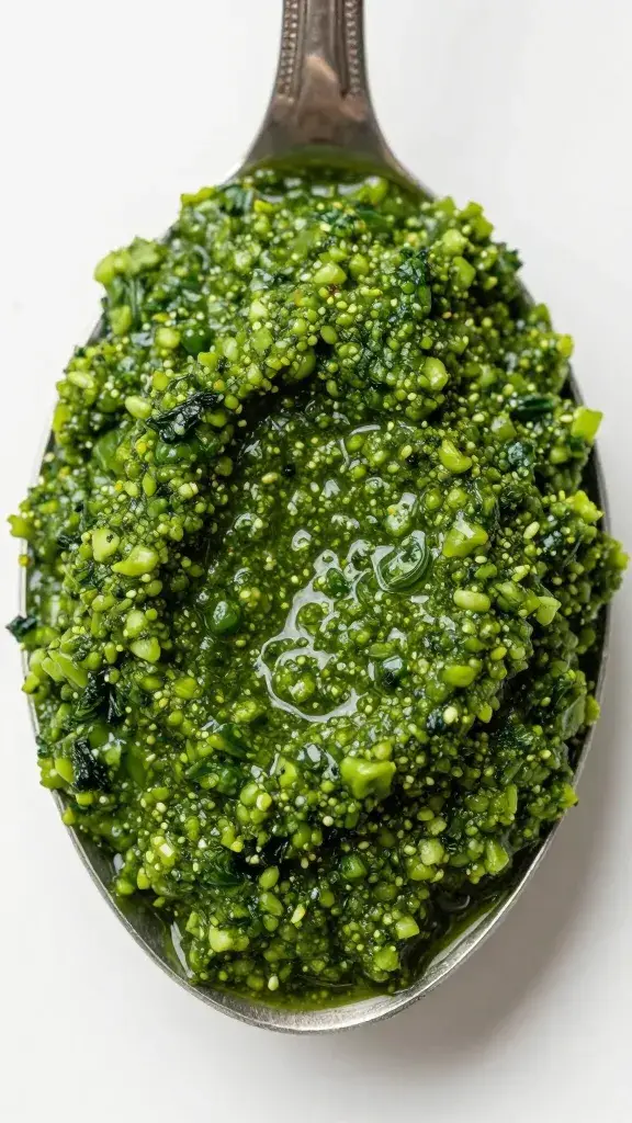 spoonful of vibrant green chermoula, overhead