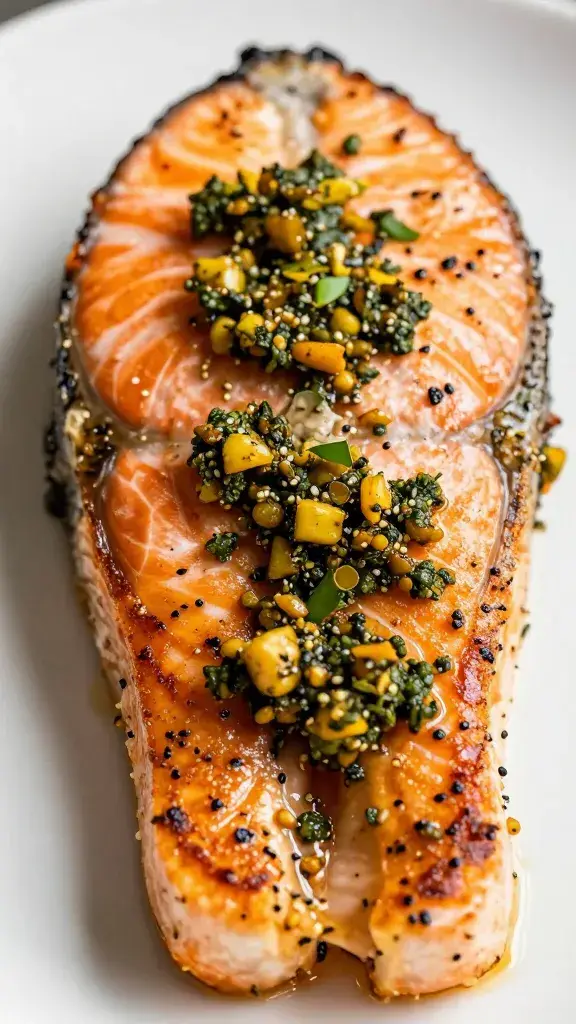 seared salmon steak brushed with chermoula, closeup
