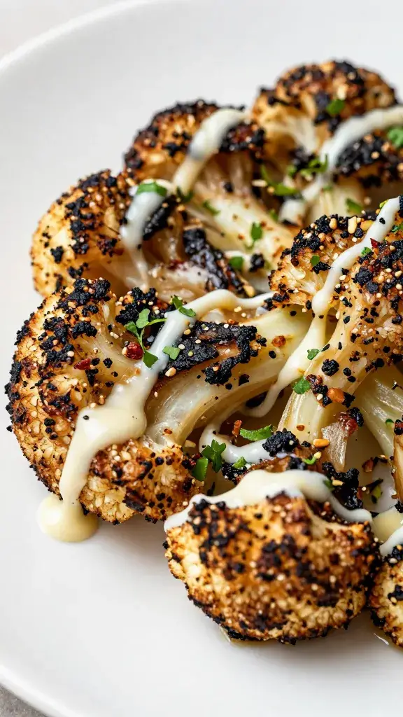 charred cauliflower steak with chermoula drizzle, closeup