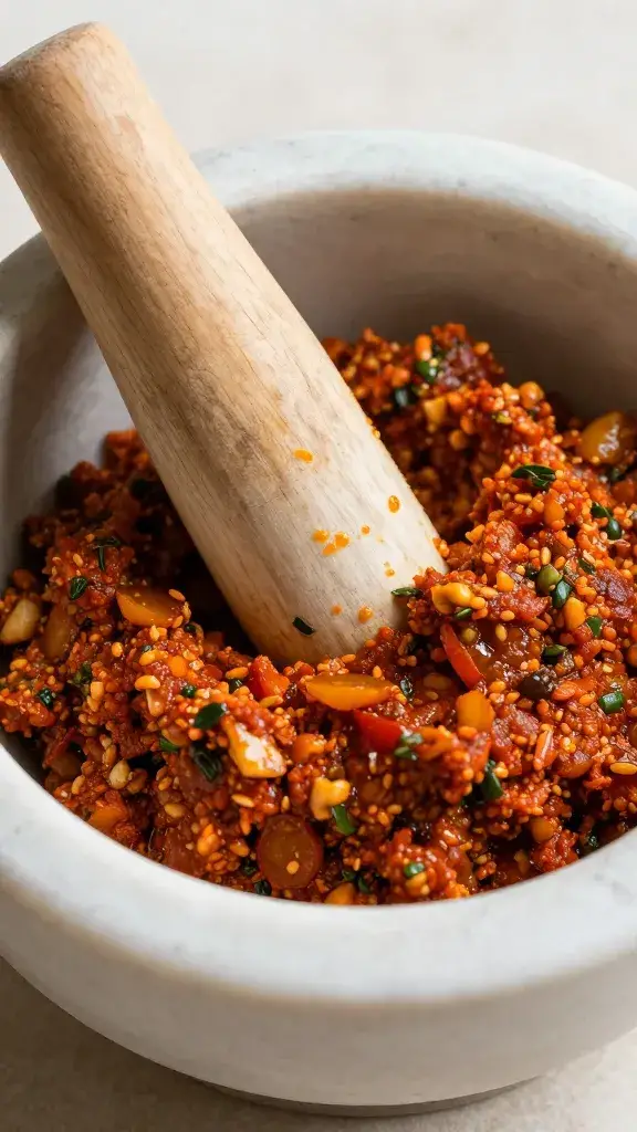 mortar of freshly made chermoula with pestle, macro