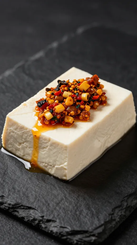 single tofu slab topped with chermoula, studio lighting