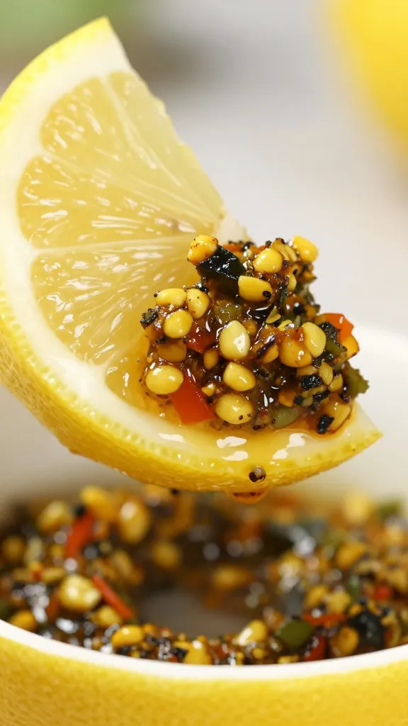 lemon wedge dipped in chermoula, extreme closeup