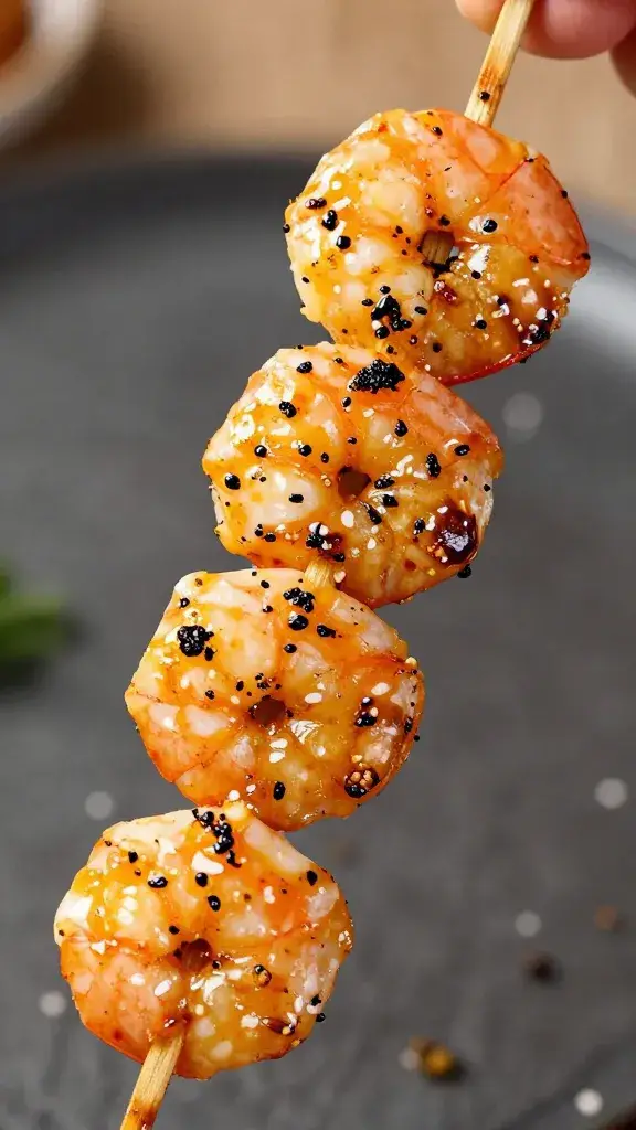 grilled shrimp skewered and lacquered with chermoula, closeup