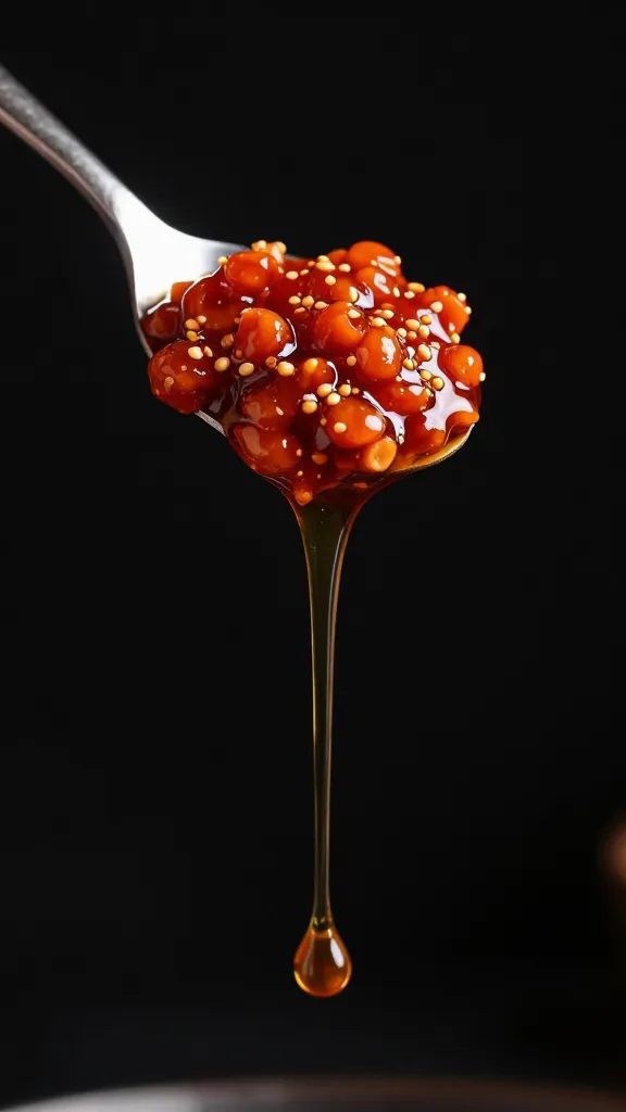 spoonful of zhoug dripping, studio light, dark background