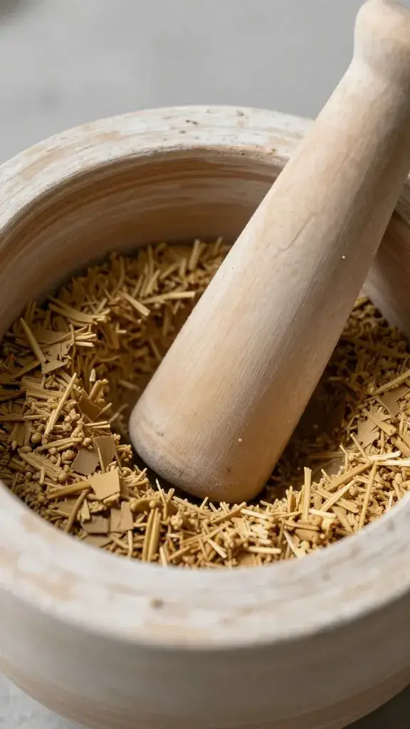 mortar filled with zhoug, pestle resting, macro detail