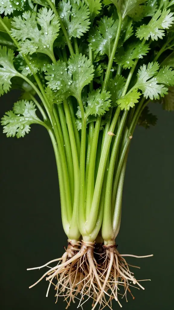 cilantro bunch dewy, roots attached, macro texture