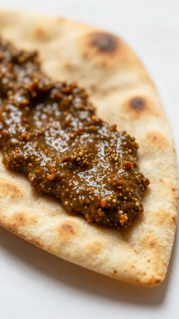 warm pita wedge dipped in zhoug, extreme closeup