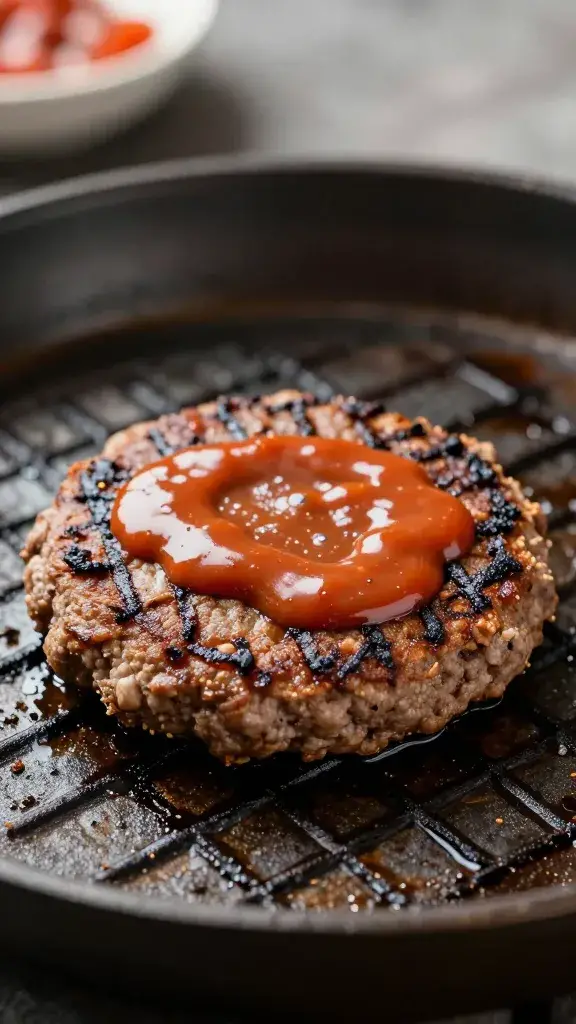 single burger patty brushed with mesquite ketchup, sizzling grill grate