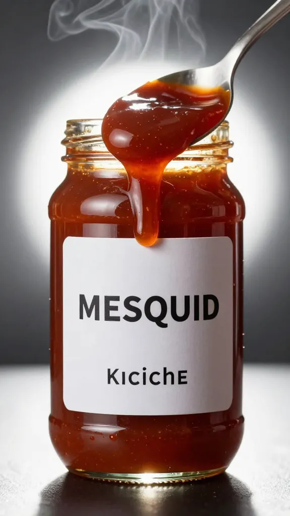 spoon dripping mesquite ketchup, smoky backlight
