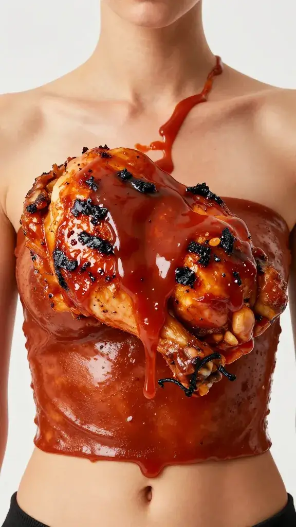 grilled chicken thigh glazed with mesquite ketchup, tight crop