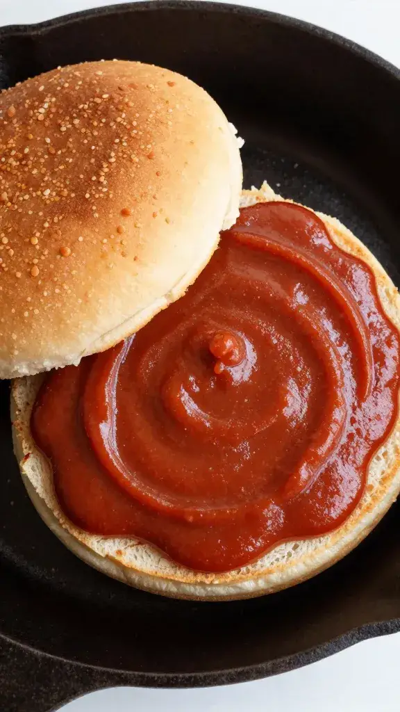 cast-iron skillet burger topped with mesquite ketchup, overhead closeup