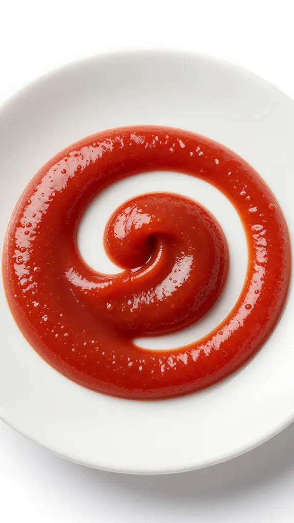 swirl of mesquite ketchup on white plate, studio lighting