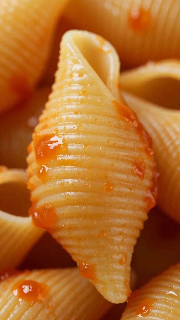 single macaroni shell coated in mesquite ketchup, extreme closeup