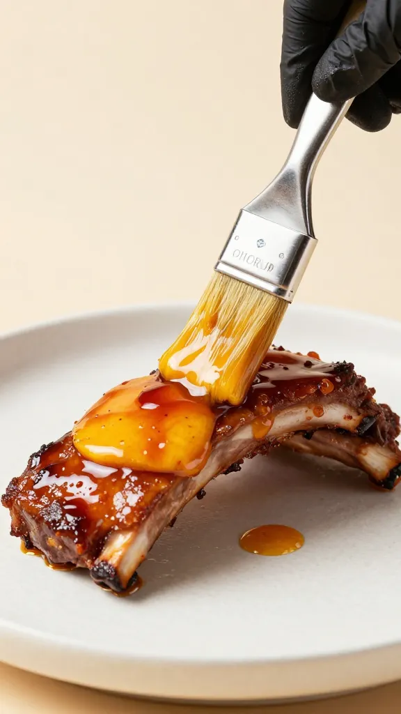 Gloved hand brushing Scorpion Pepper Mango glaze on rib