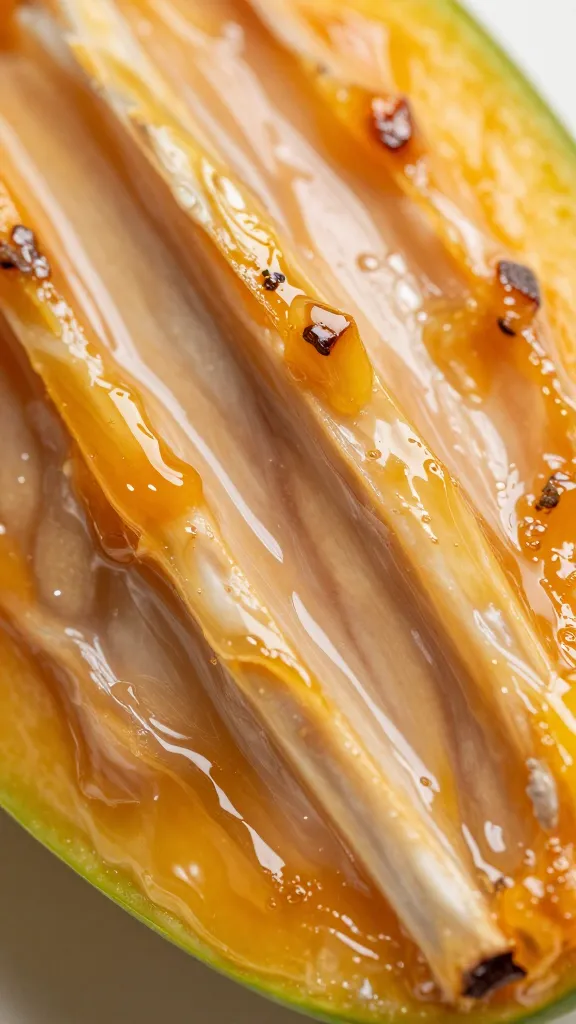 Macro shot of sticky mango glaze on rib surface