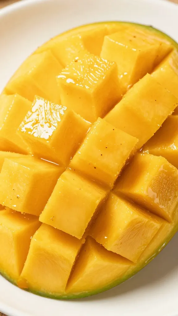 Sliced ripe mango coated with pepper glaze sheen