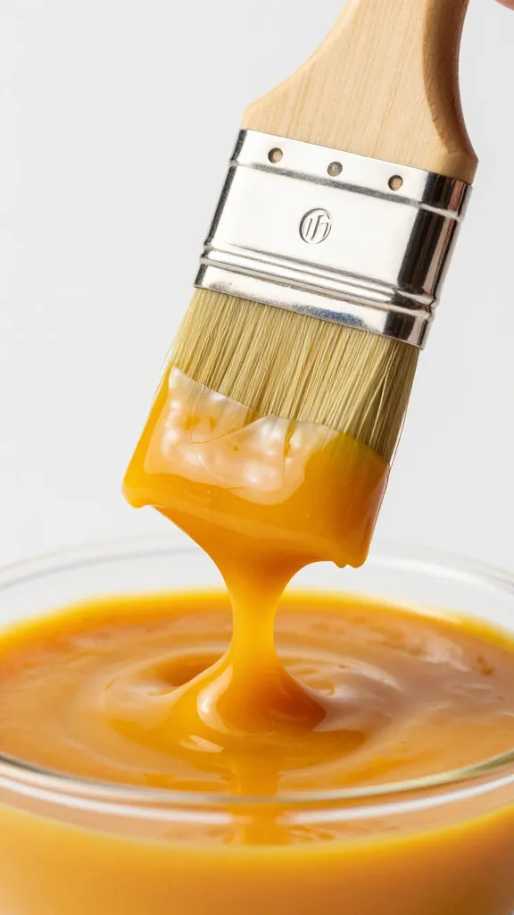 Glossy glaze brush loaded with mango-pepper sauce