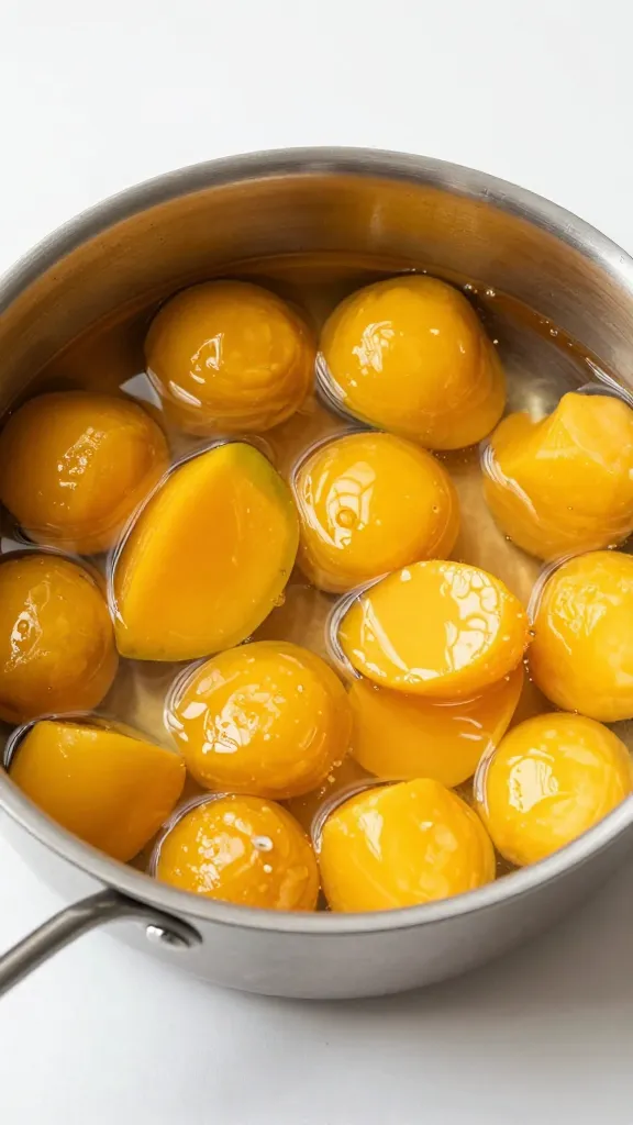 Stainless saucepan of simmering mango-pepper rib candy
