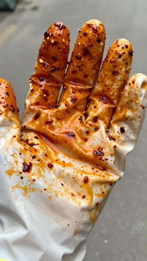 Closeup of safety glove splattered with spicy glaze