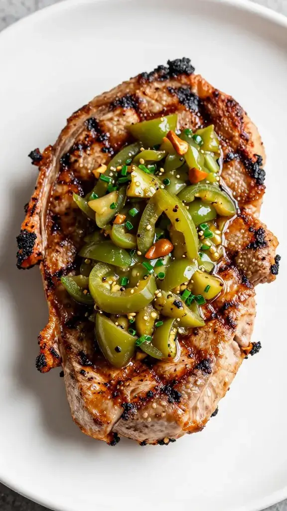 Char-grilled pork chop topped with green tomato relish