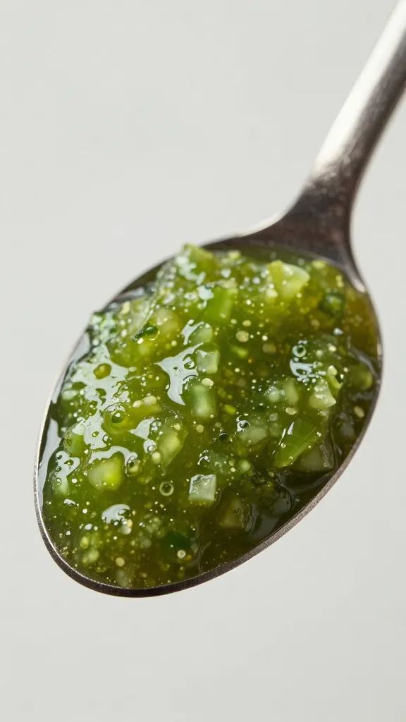 Spoonful of green tomato relish on cast-iron spoon