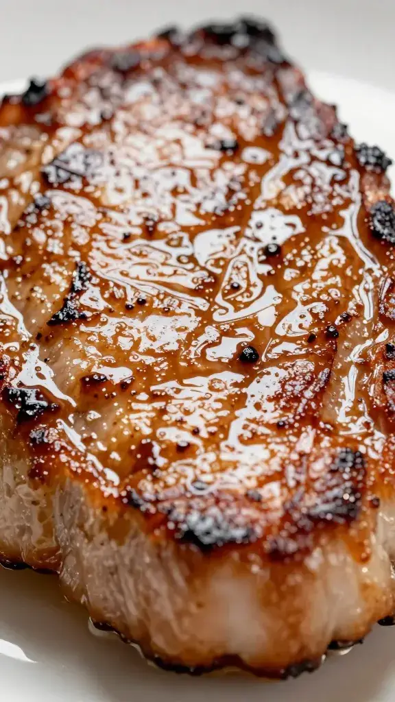 Closeup of seared pork chop crust, glossy glaze