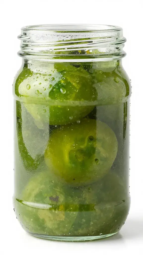 Mason jar of green tomato relish, condensation beads