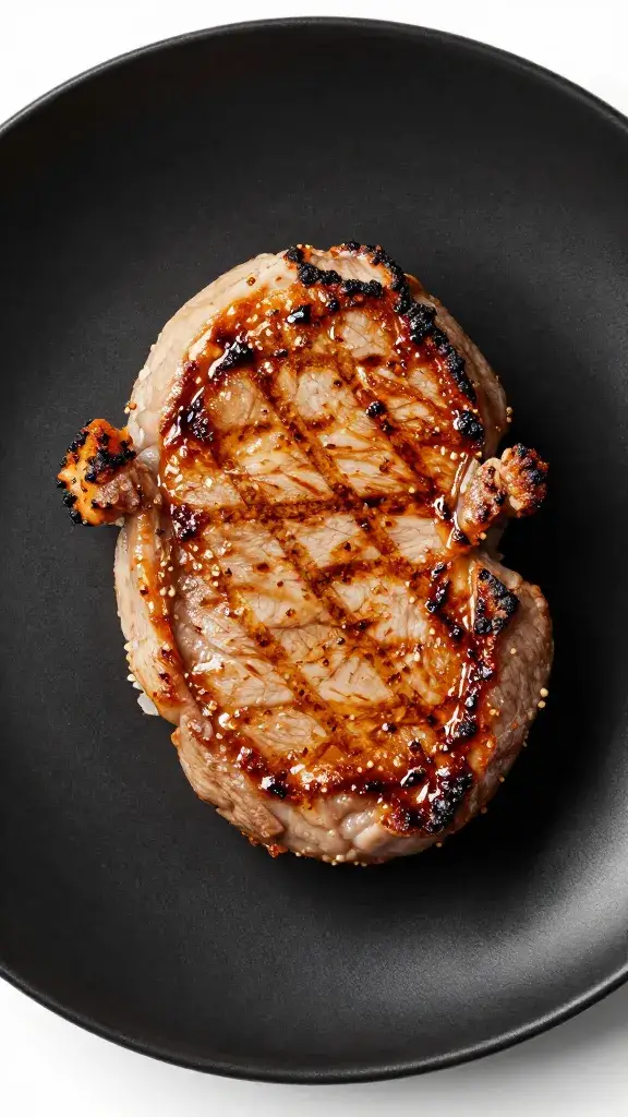 Single grilled pork chop on matte black plate