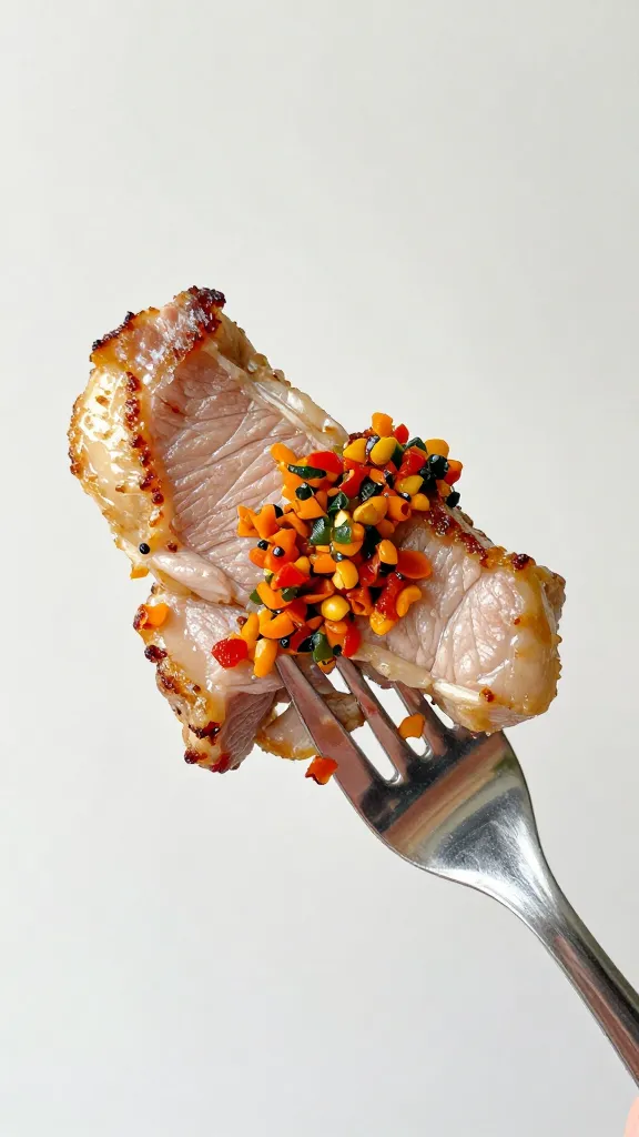 Forkful of pork chop with bright relish bite