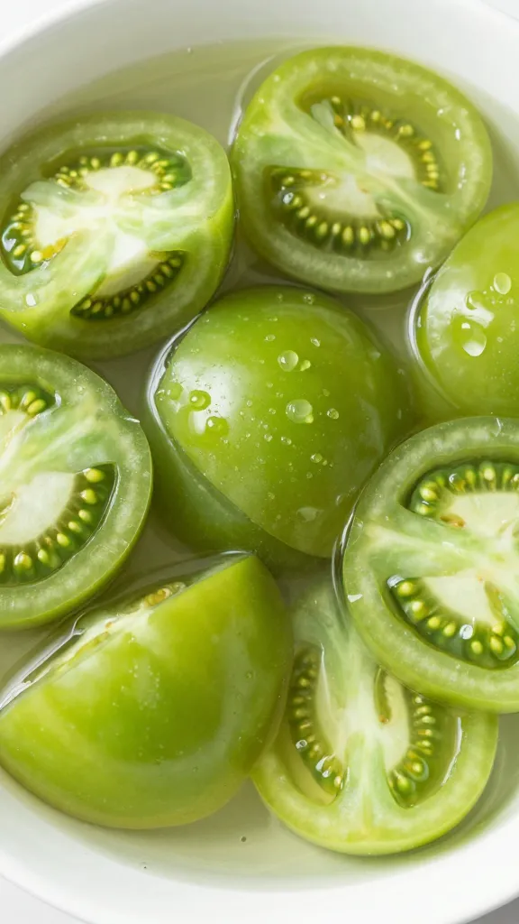 Chopped green tomatoes glistening in vinegar brine