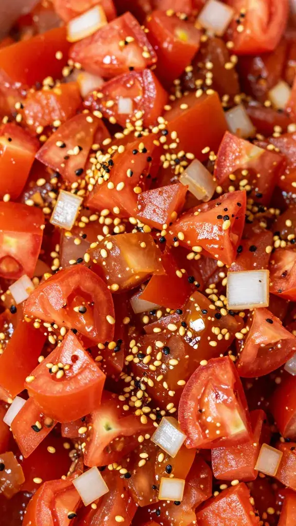 Closeup of relish texture: diced tomatoes, onions, seeds