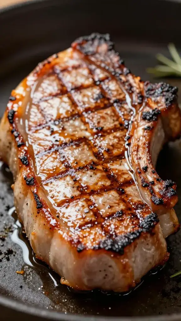 Pork chop grill marks, caramelized edges, shallow focus