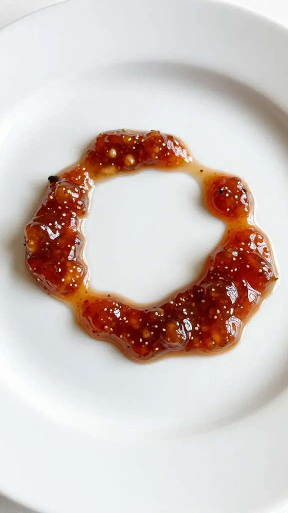 Drizzle of relish juices on white ceramic plate
