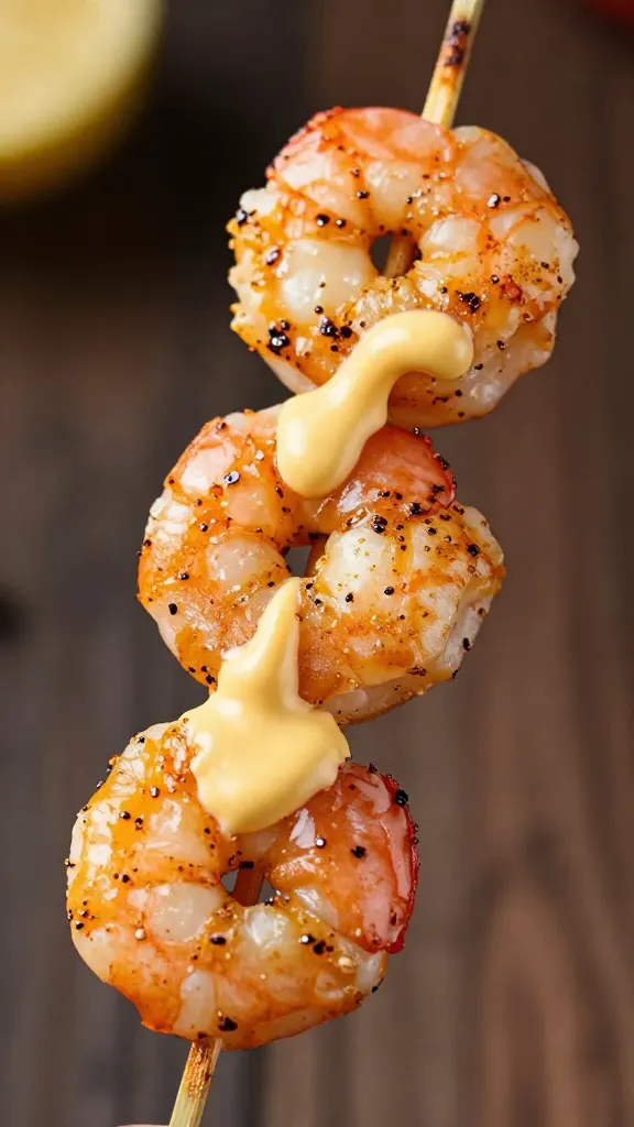 grilled shrimp skewer drizzled with cajun crawfish butter, macro