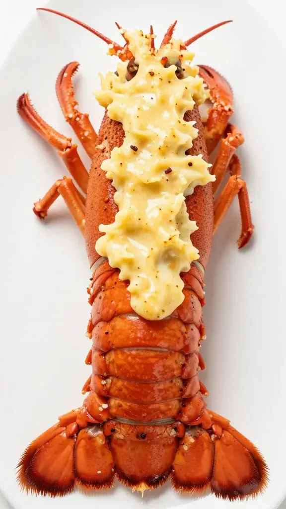 single lobster tail brushed with cajun crawfish butter, closeup
