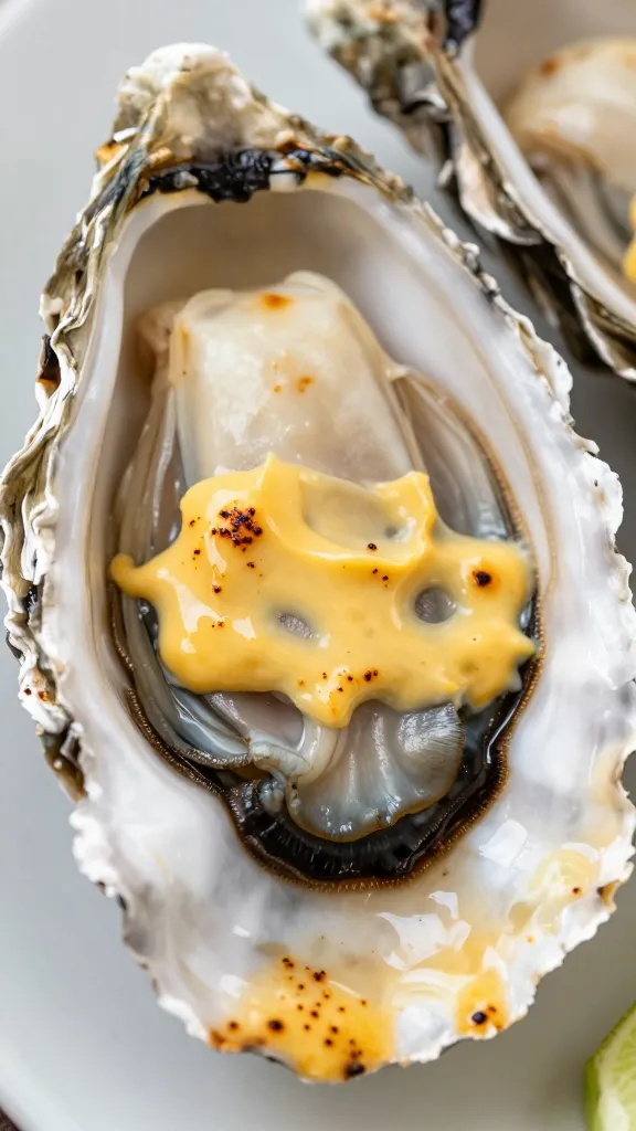 grilled oyster on half shell with cajun crawfish butter, closeup