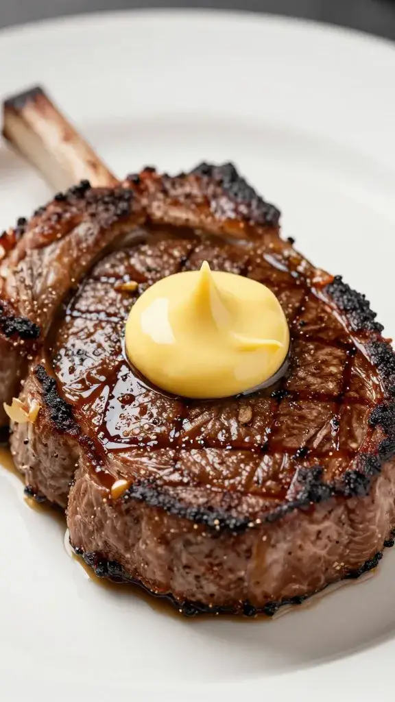 seared ribeye slice topped with cajun crawfish butter, macro