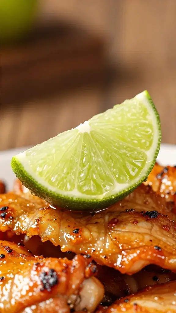Closeup lime wedge squeezed over sizzling chicken skin