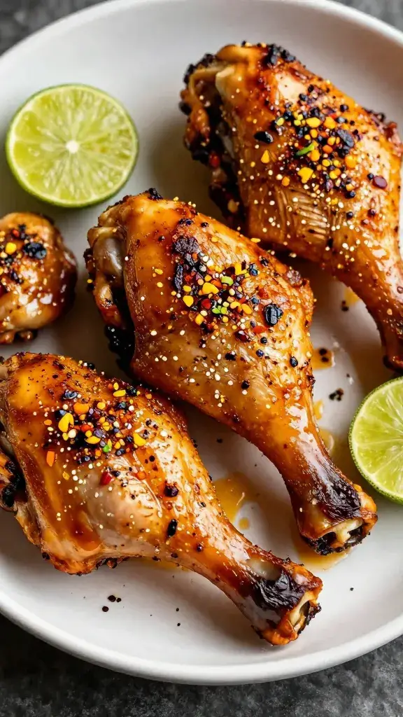 Glazed chicken drumstick with chili flakes and lime zest