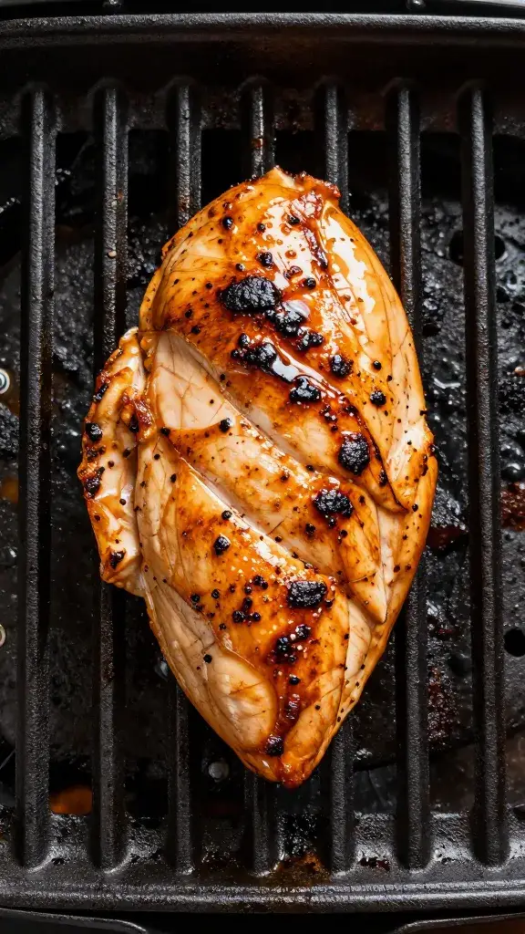 Single grill grate section with mopped chicken breast