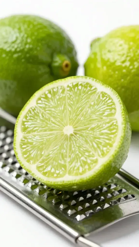 Freshly zested lime resting on microplane, tight closeup